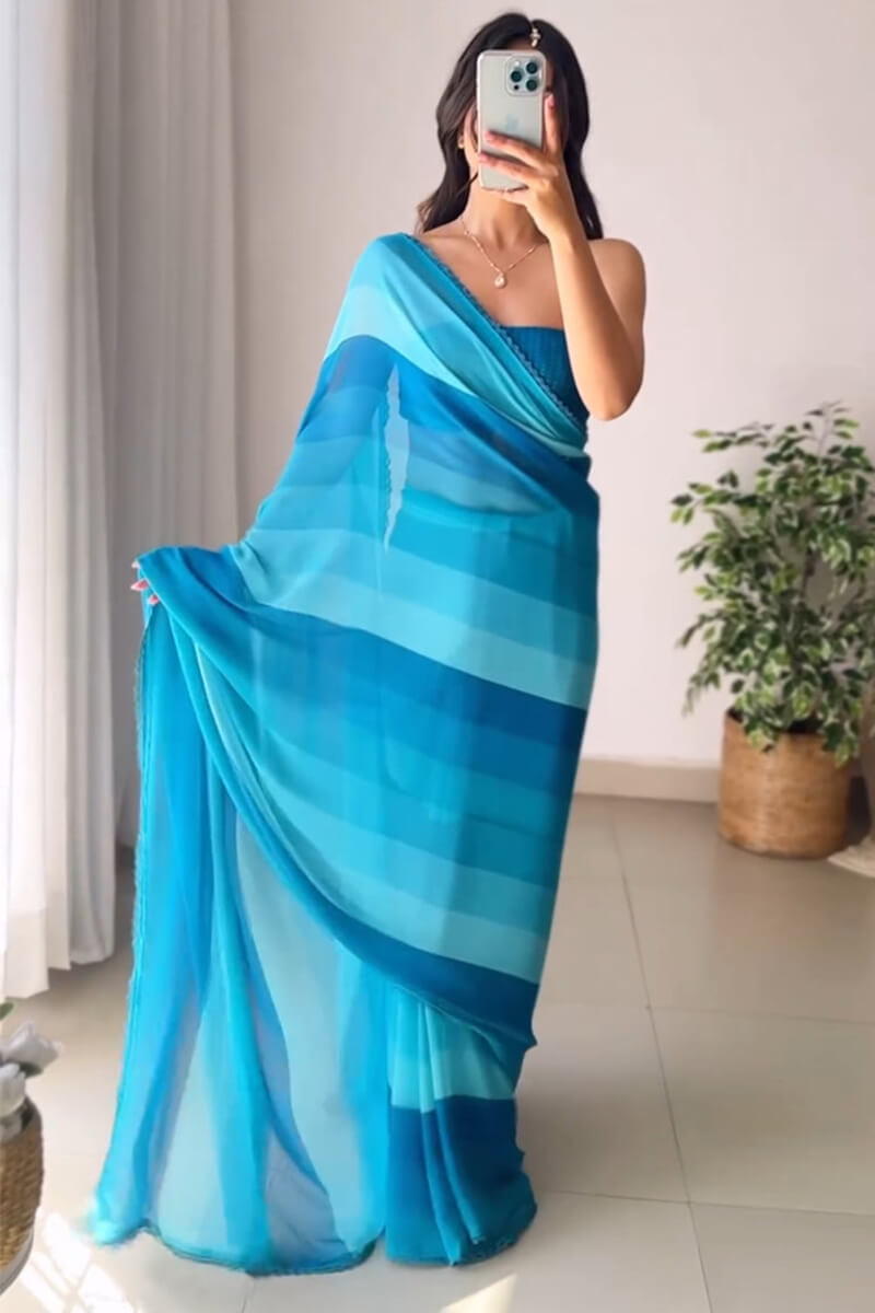 Stylish 1-Minute Ready To Wear Firozi Georgette Saree