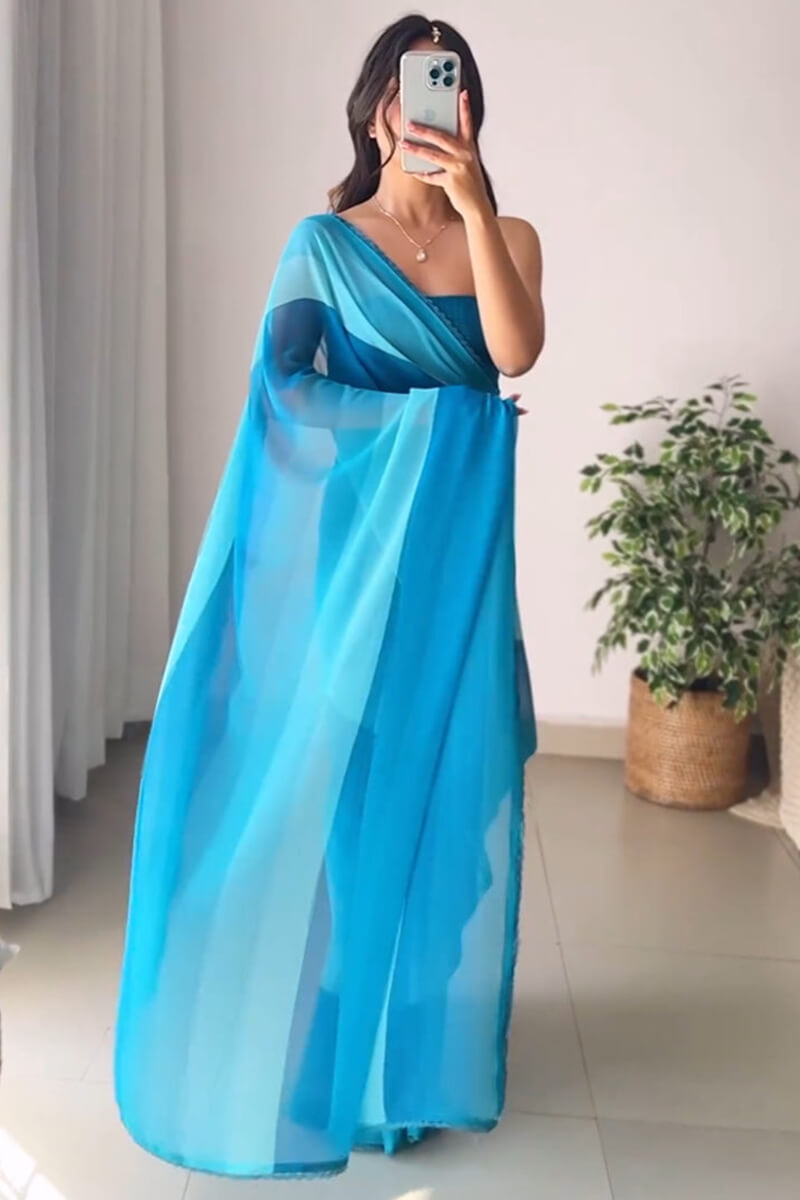 Stylish 1-Minute Ready To Wear Firozi Georgette Saree