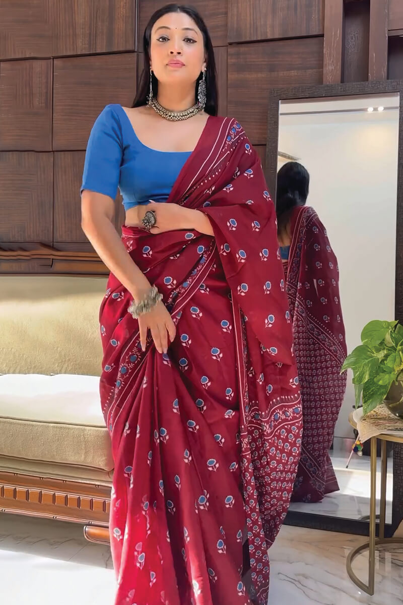 Zephyr 1-Minute Ready To Wear Maroon Cotton Saree