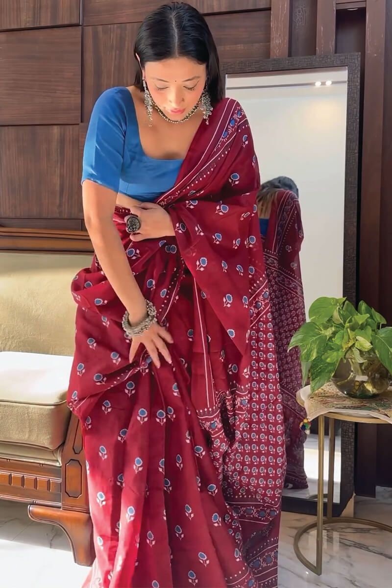 Zephyr 1-Minute Ready To Wear Maroon Cotton Saree