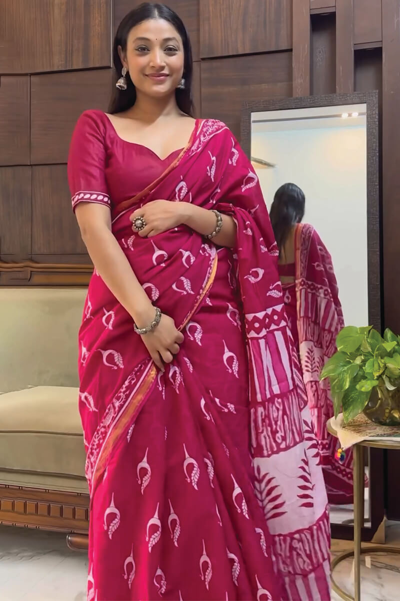 Lissome 1-Minute Ready To Wear Dark Pink Cotton Saree