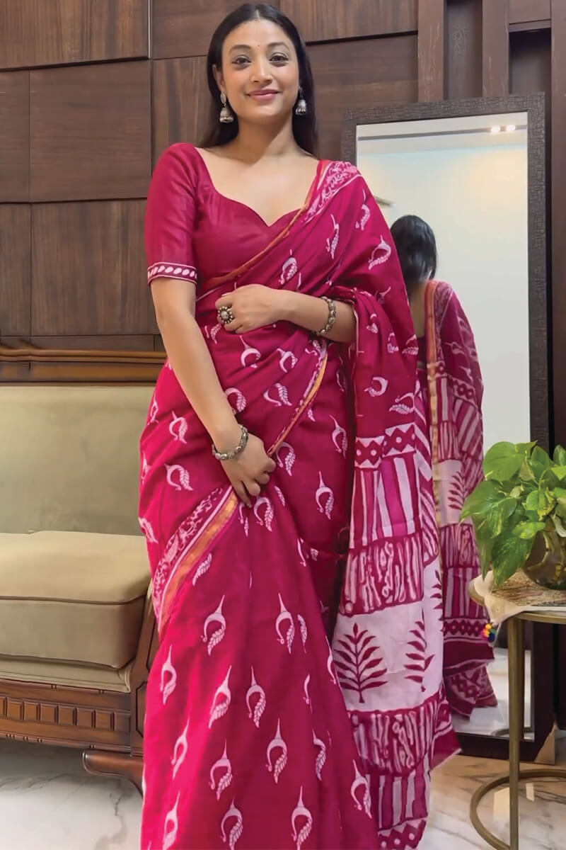 Lissome 1-Minute Ready To Wear Dark Pink Cotton Saree