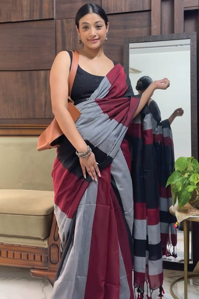 Appealing 1-Minute Ready To Wear Grey and Maroon Cotton Saree