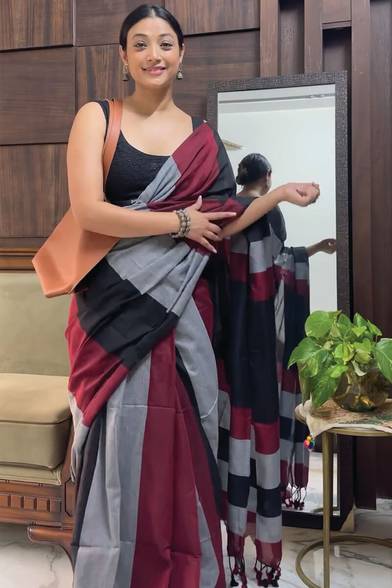 Appealing 1-Minute Ready To Wear Grey and Maroon Cotton Saree