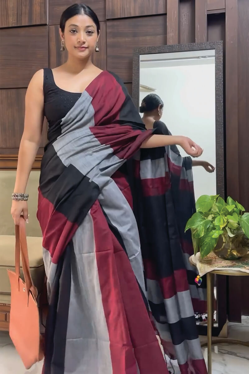 Appealing 1-Minute Ready To Wear Grey and Maroon Cotton Saree