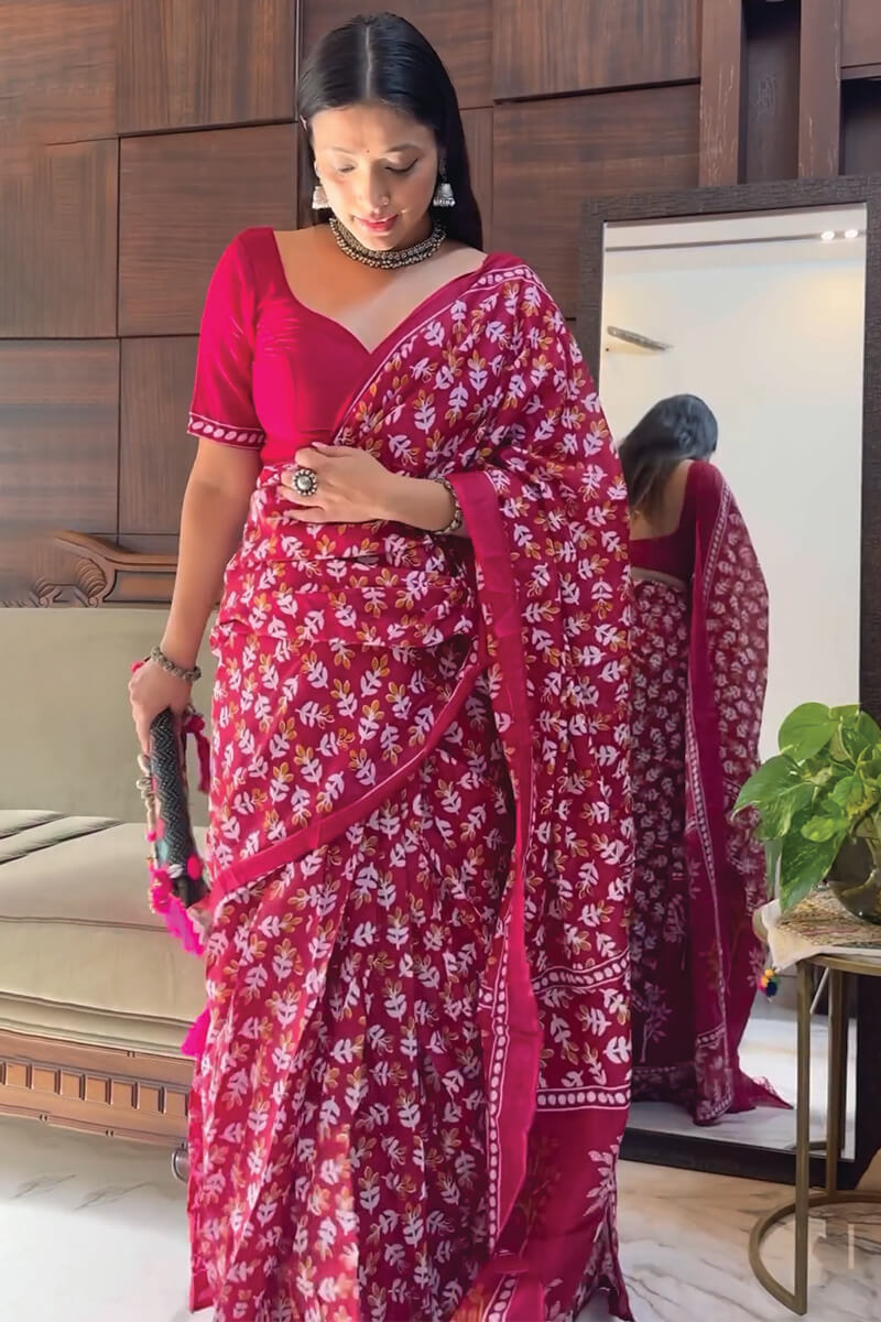 Supernal 1-Minute Ready To Wear Dark Pink Cotton Saree