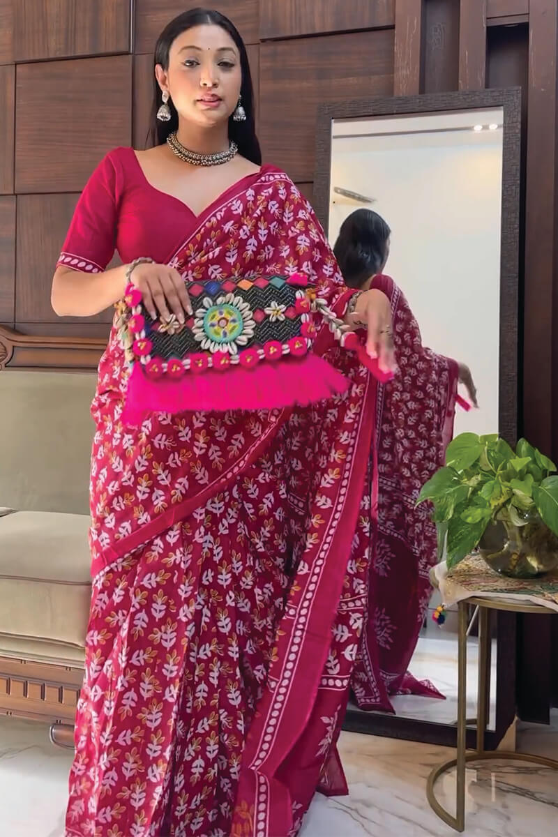 Supernal 1-Minute Ready To Wear Dark Pink Cotton Saree