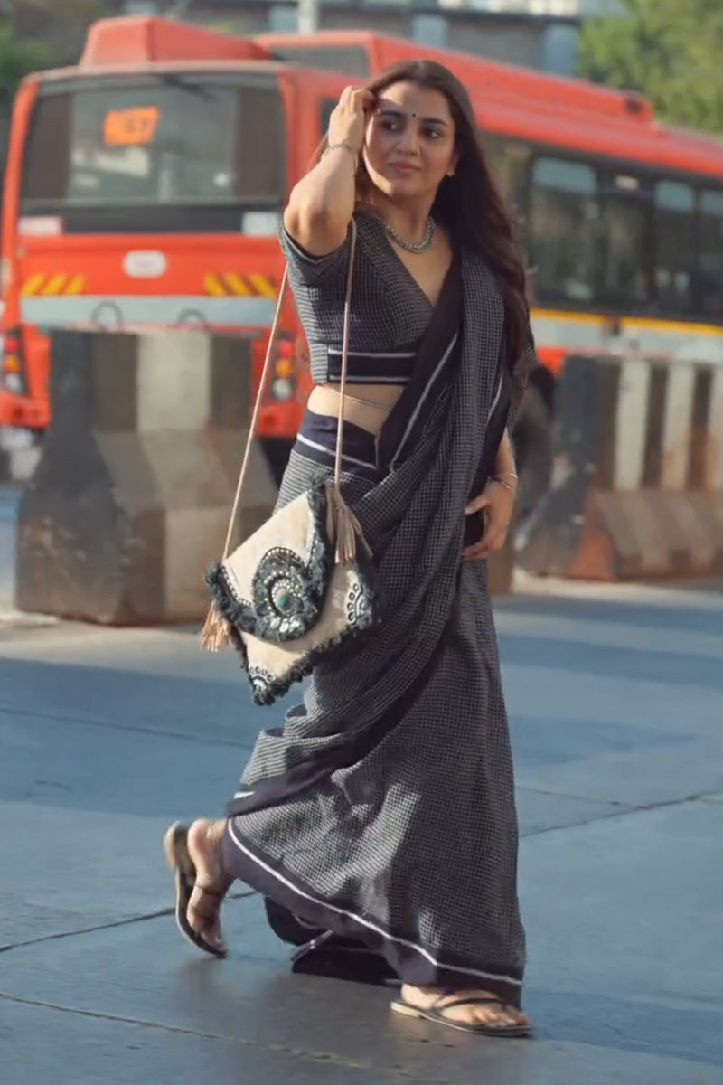 Diaphanous 1-Minute Ready To Wear Black Cotton Saree