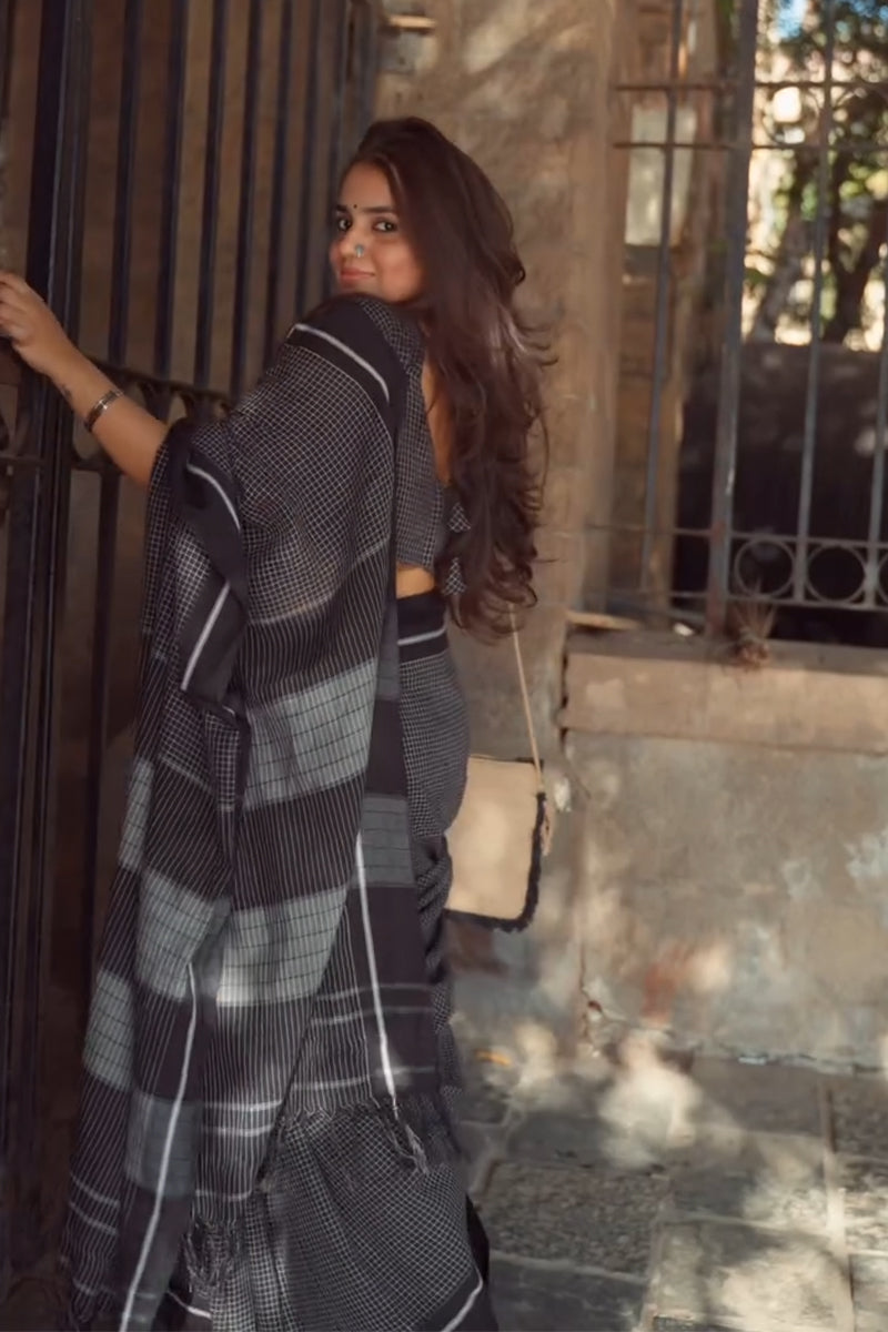 Diaphanous 1-Minute Ready To Wear Black Cotton Saree