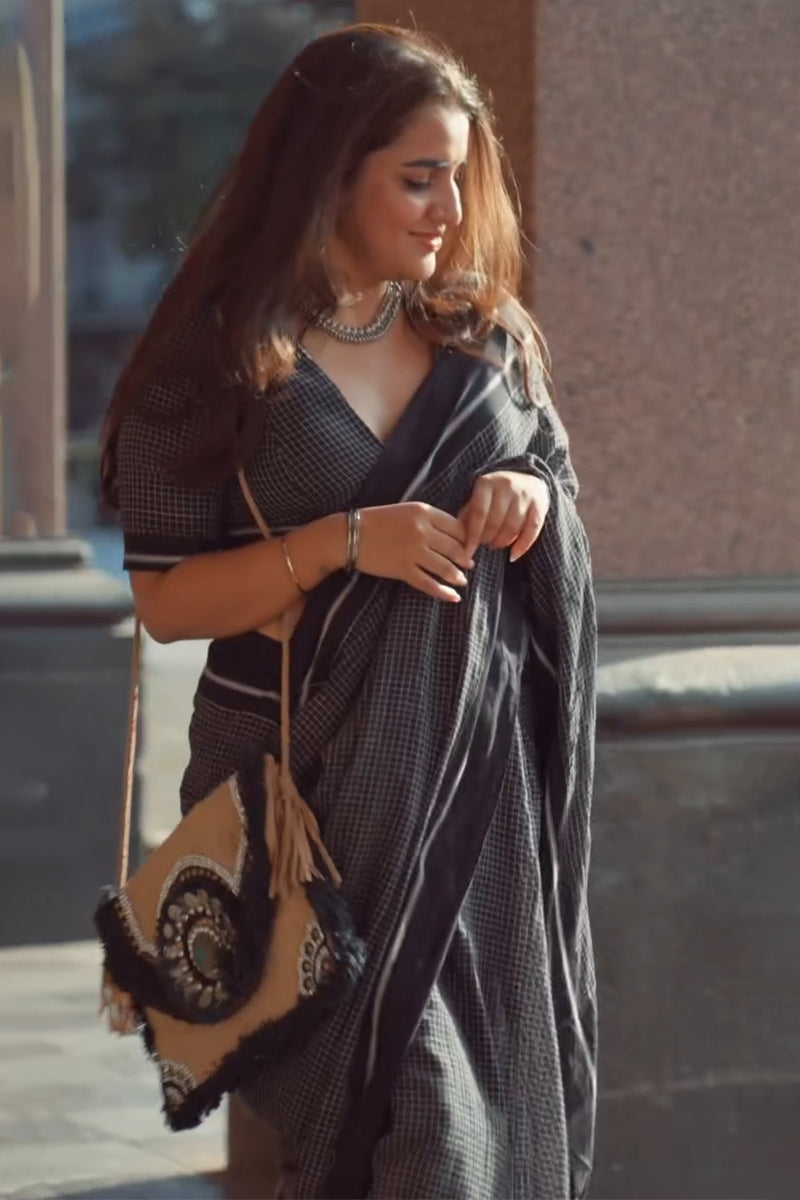 Diaphanous 1-Minute Ready To Wear Black Cotton Saree