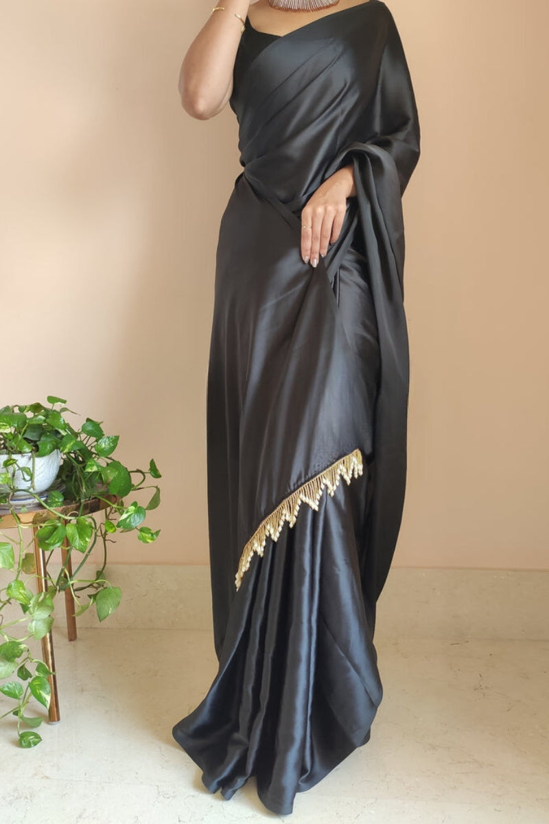 Artistic 1-Minute Ready To Wear Black Satin Silk Saree