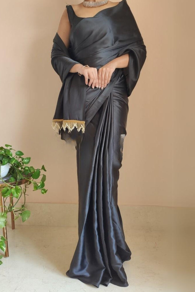 Artistic 1-Minute Ready To Wear Black Satin Silk Saree