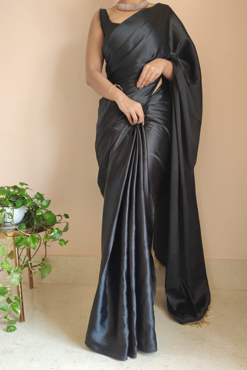 Artistic 1-Minute Ready To Wear Black Satin Silk Saree