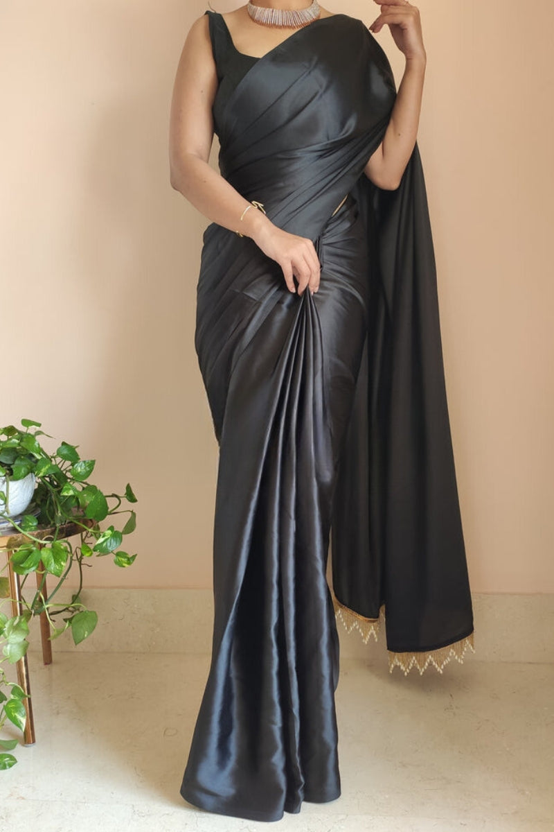 Artistic 1-Minute Ready To Wear Black Satin Silk Saree