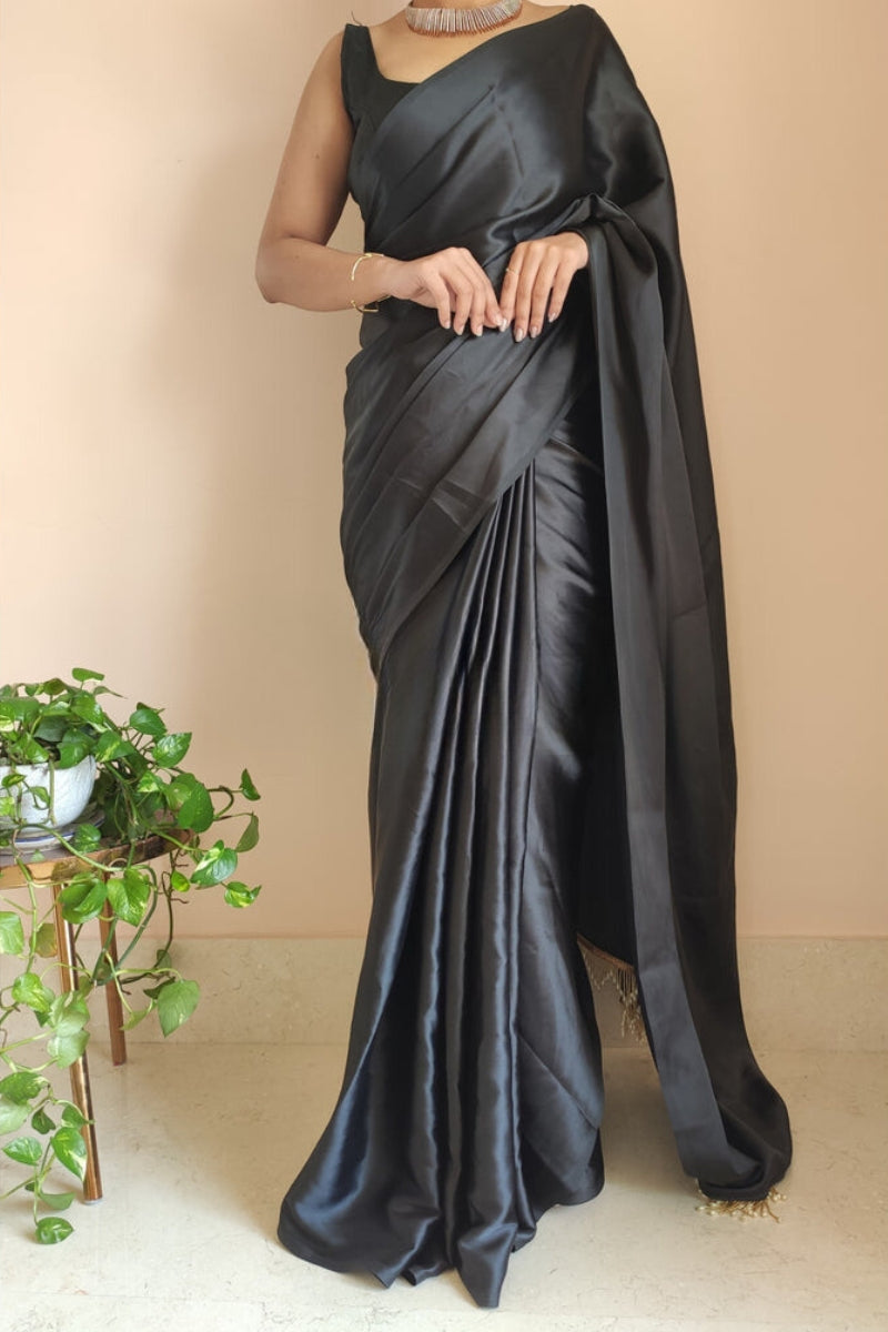 Artistic 1-Minute Ready To Wear Black Satin Silk Saree