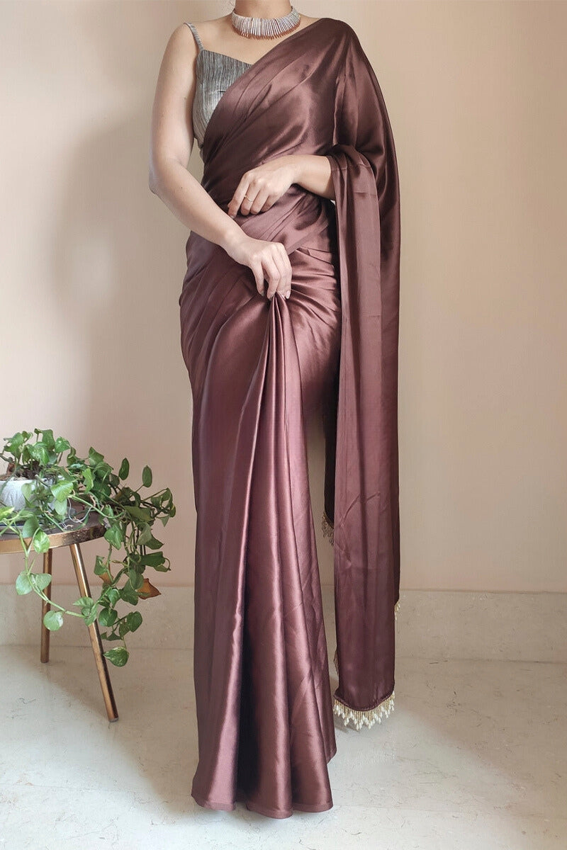 Most Flaunt 1-Minute Ready To Wear Brown Satin Silk Saree