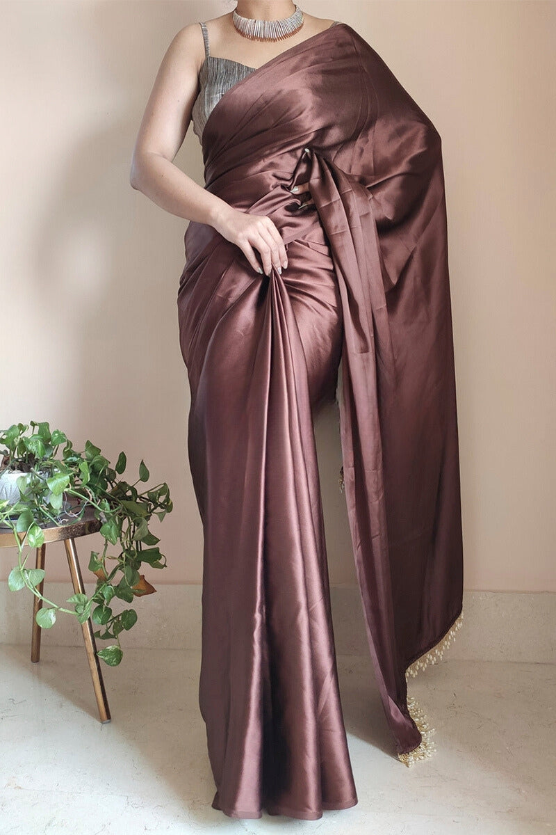 Most Flaunt 1-Minute Ready To Wear Brown Satin Silk Saree
