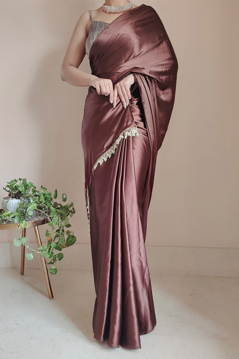 Most Flaunt 1-Minute Ready To Wear Brown Satin Silk Saree