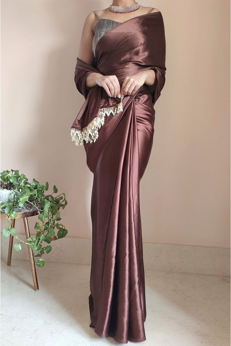 Most Flaunt 1-Minute Ready To Wear Brown Satin Silk Saree