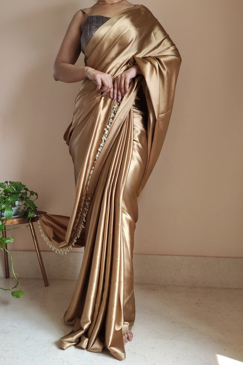 Snazzy 1-Minute Ready To Wear Champagne Gold Satin Silk Saree
