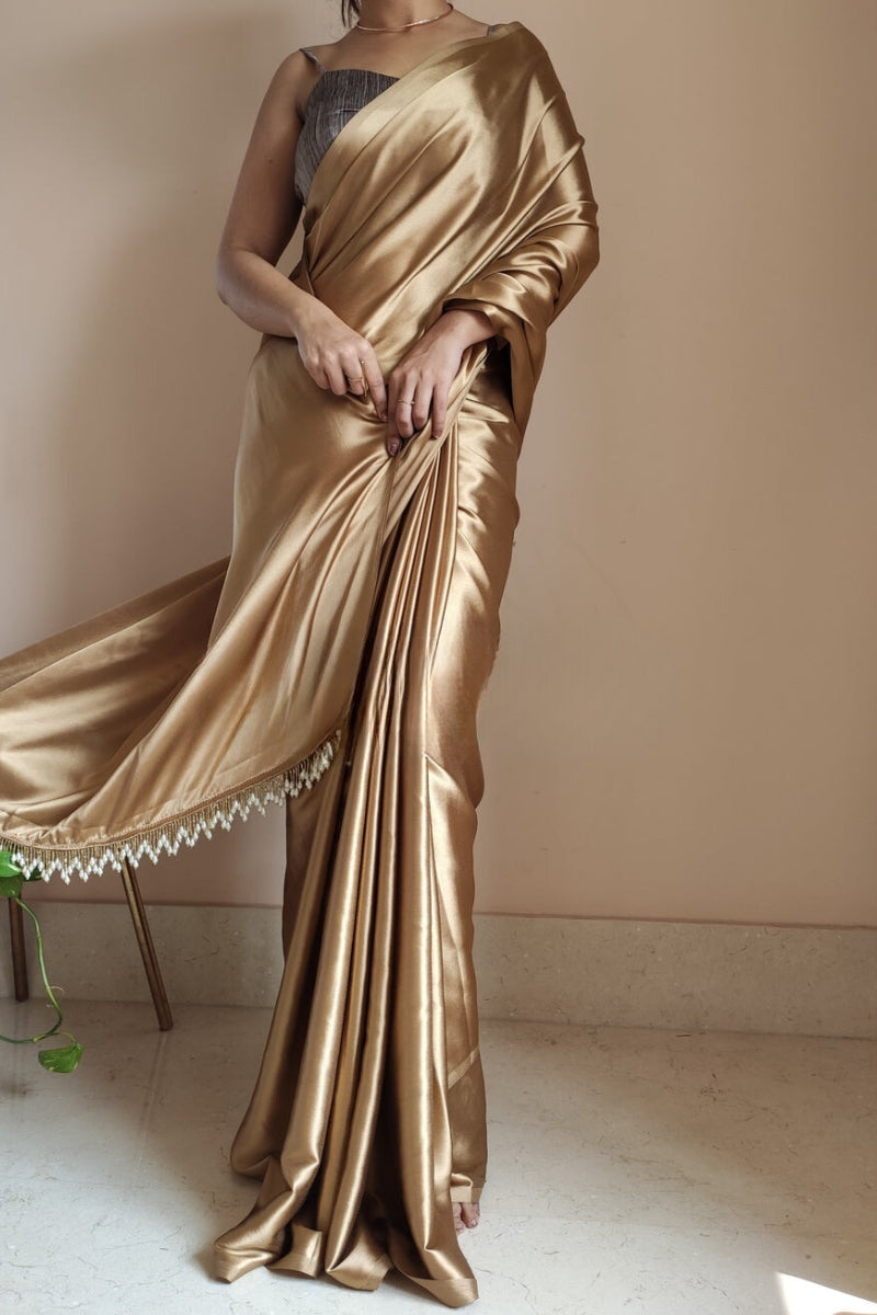 Snazzy 1-Minute Ready To Wear Champagne Gold Satin Silk Saree