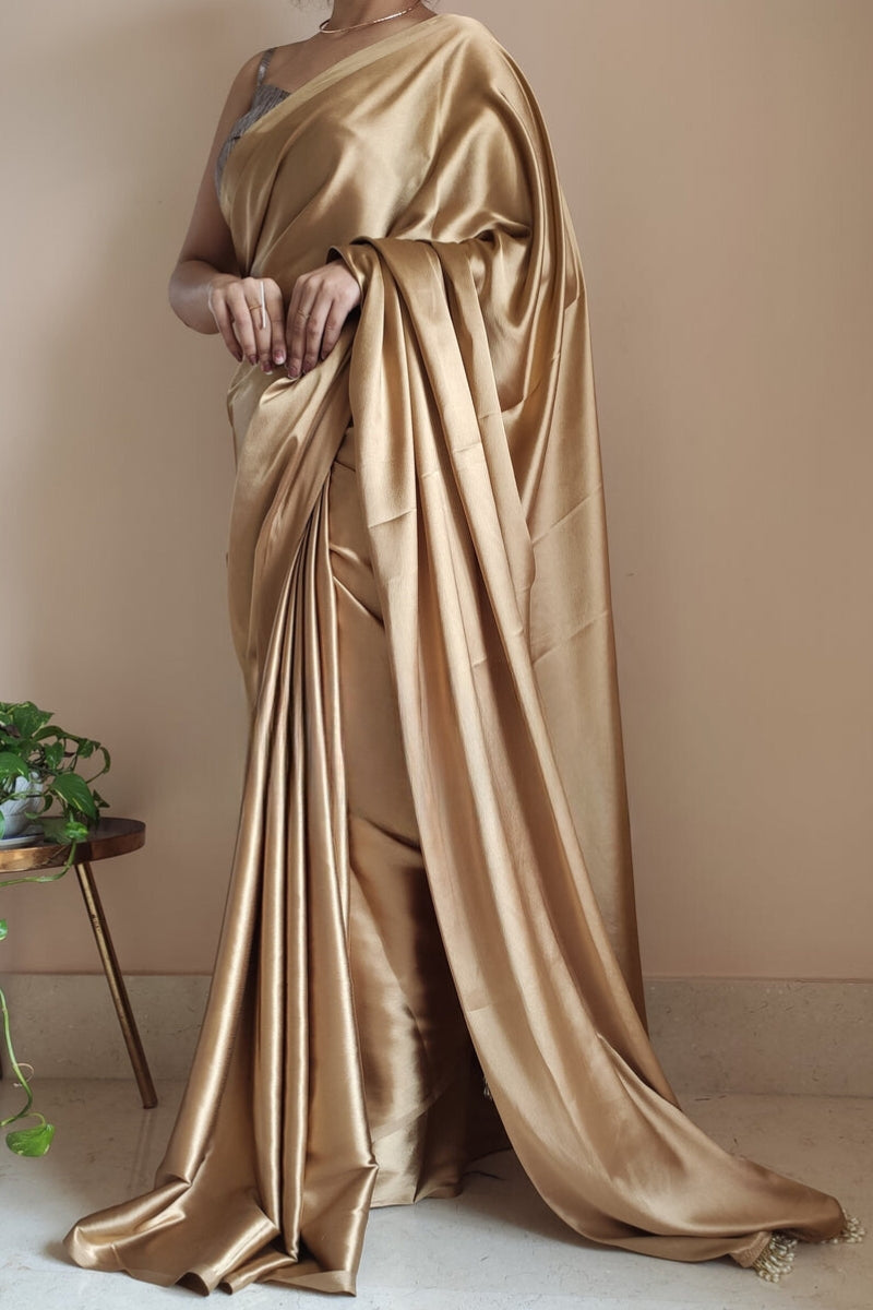 Snazzy 1-Minute Ready To Wear Champagne Gold Satin Silk Saree