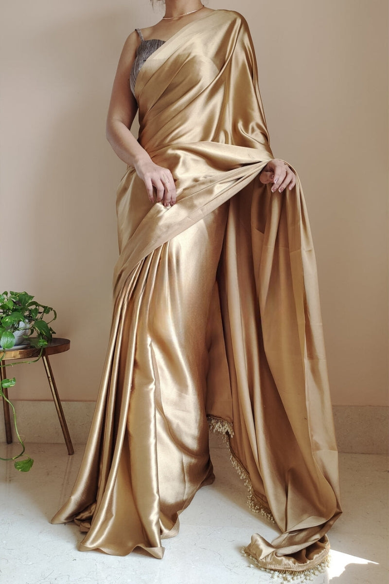 Snazzy 1-Minute Ready To Wear Champagne Gold Satin Silk Saree
