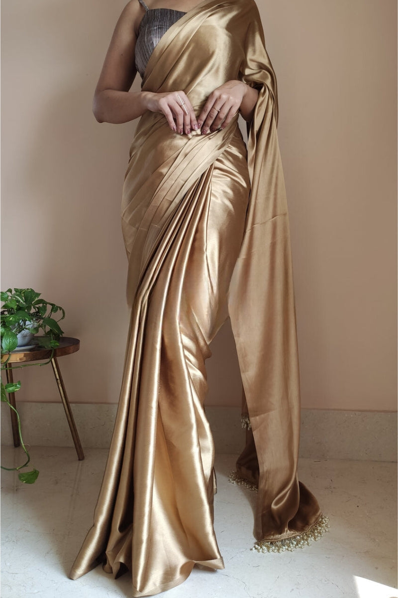 Snazzy 1-Minute Ready To Wear Champagne Gold Satin Silk Saree