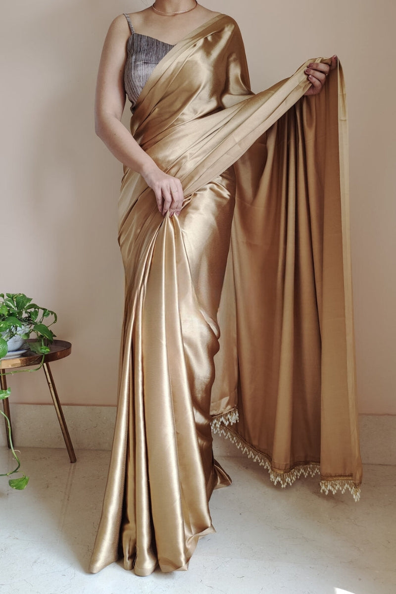 Snazzy 1-Minute Ready To Wear Champagne Gold Satin Silk Saree