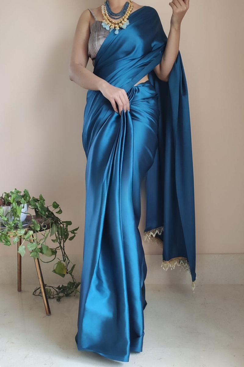 Winsome 1-Minute Ready To Wear Cobalt Blue Satin Silk Saree