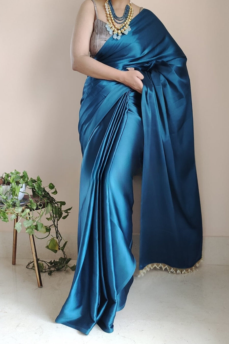 Winsome 1-Minute Ready To Wear Cobalt Blue Satin Silk Saree