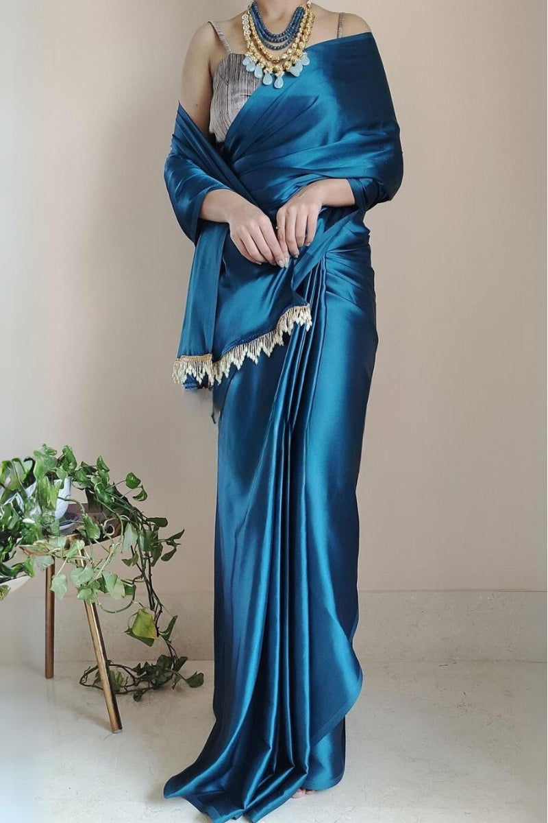 Winsome 1-Minute Ready To Wear Cobalt Blue Satin Silk Saree