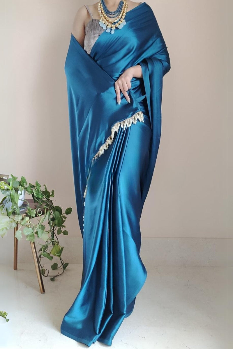 Winsome 1-Minute Ready To Wear Cobalt Blue Satin Silk Saree