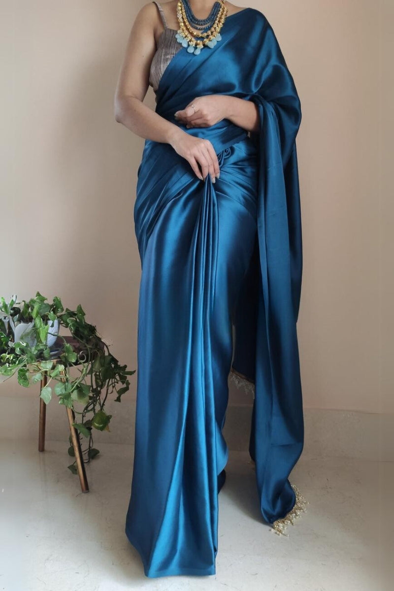 Winsome 1-Minute Ready To Wear Cobalt Blue Satin Silk Saree