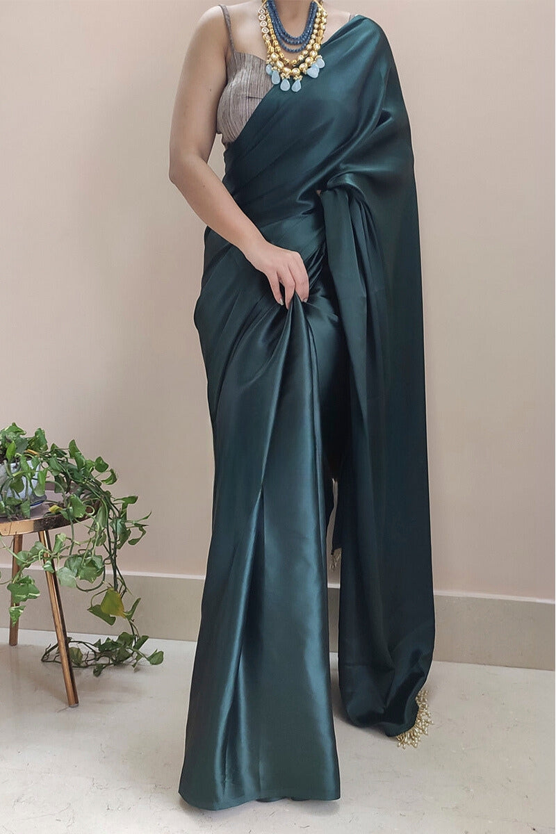 Mellifluous 1-Minute Ready To Wear Dark Blackish Green Satin Silk Saree