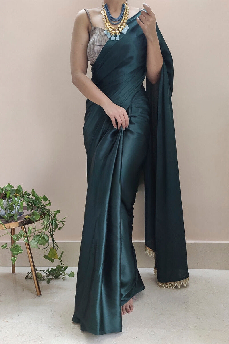 Mellifluous 1-Minute Ready To Wear Dark Blackish Green Satin Silk Saree