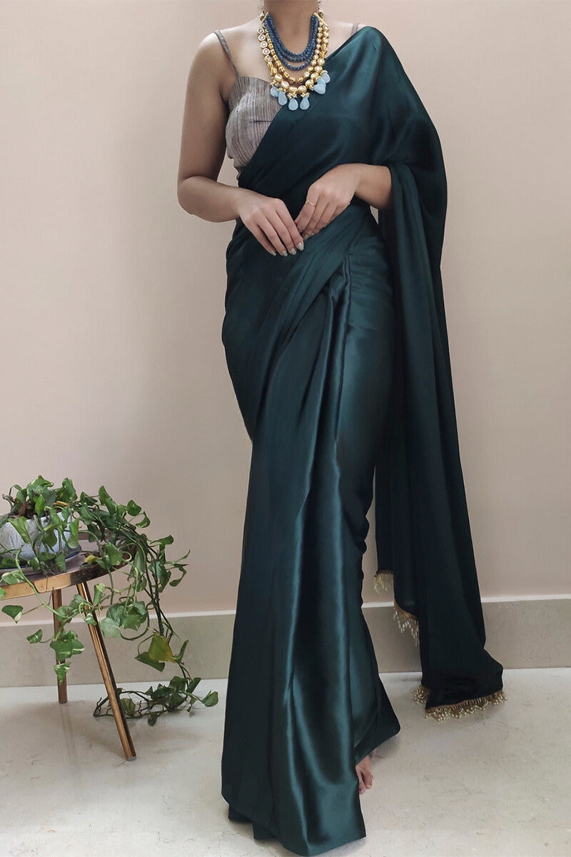 Mellifluous 1-Minute Ready To Wear Dark Blackish Green Satin Silk Saree