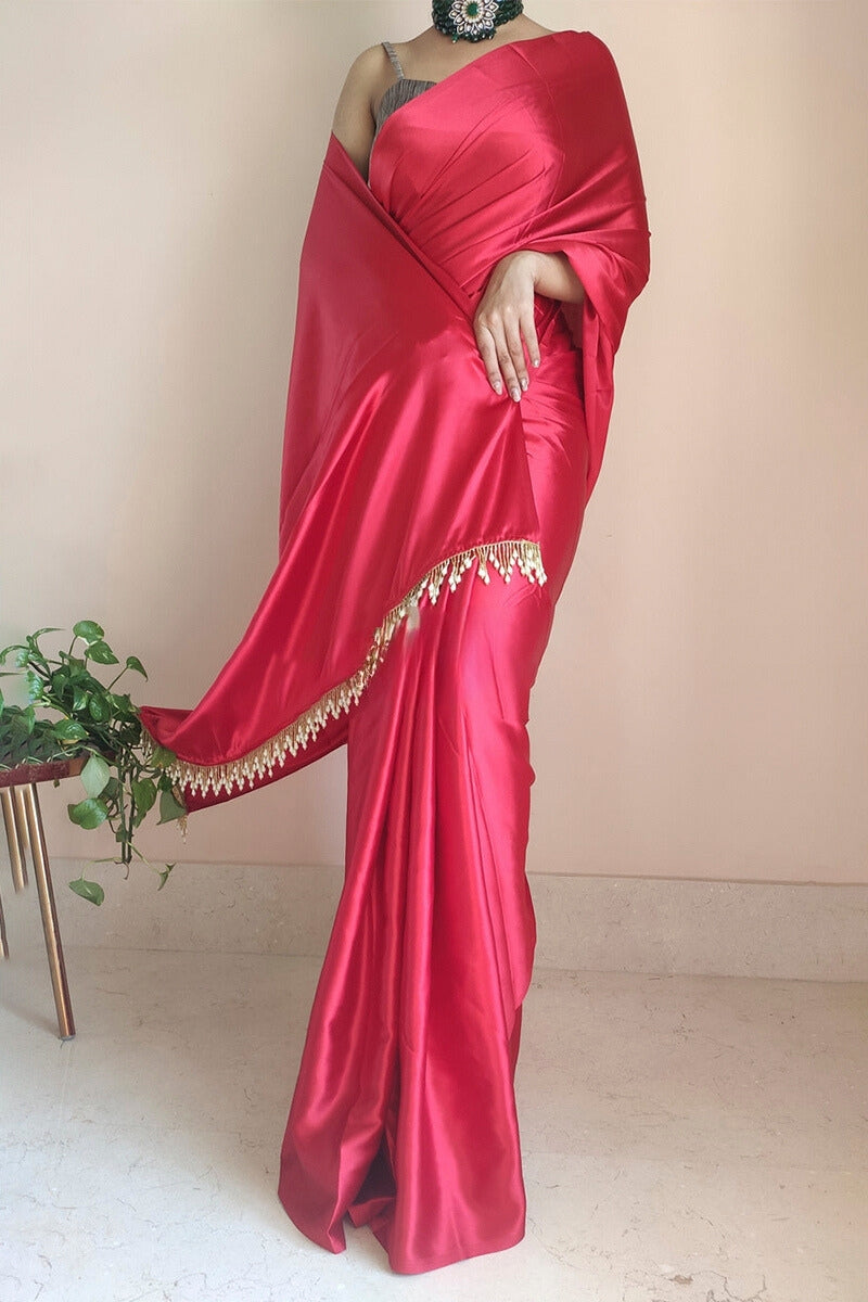 Entrancing 1-Minute Ready To Wear Dark Pink Satin Silk Saree