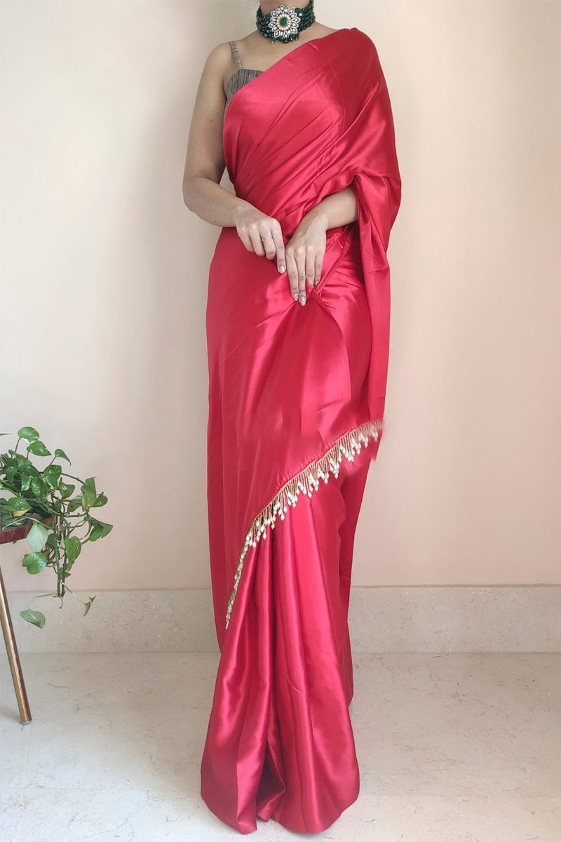 Entrancing 1-Minute Ready To Wear Dark Pink Satin Silk Saree
