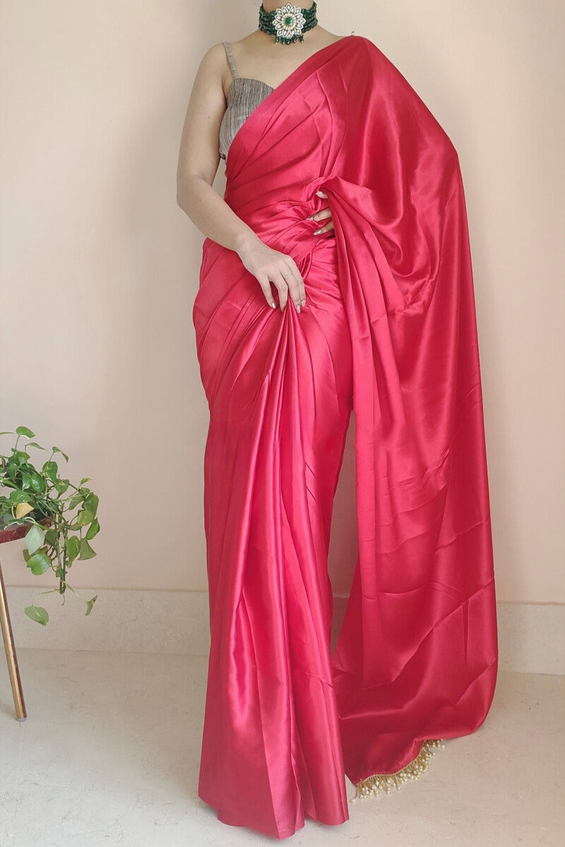 Entrancing 1-Minute Ready To Wear Dark Pink Satin Silk Saree