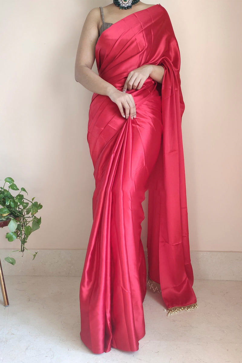 Entrancing 1-Minute Ready To Wear Dark Pink Satin Silk Saree