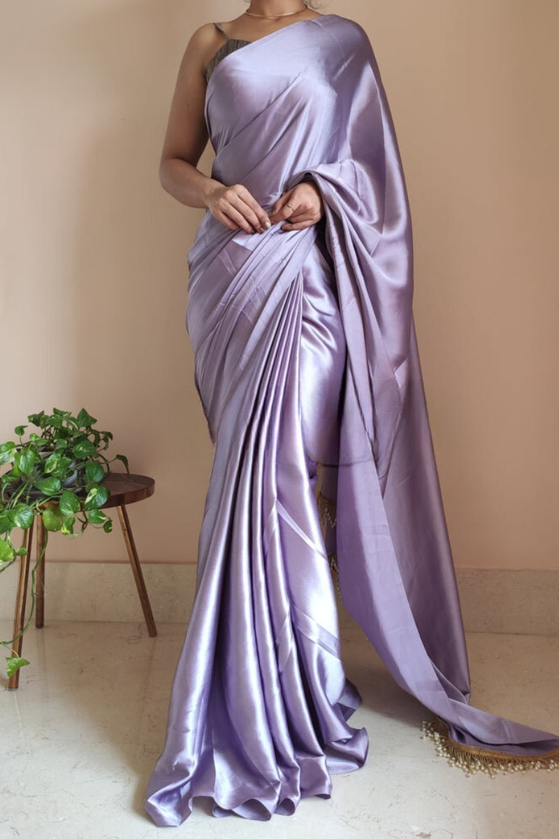 Pleasurable 1-Minute Ready To Wear Dull Lavender Satin Silk Saree