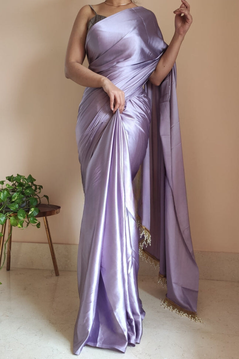 Pleasurable 1-Minute Ready To Wear Dull Lavender Satin Silk Saree
