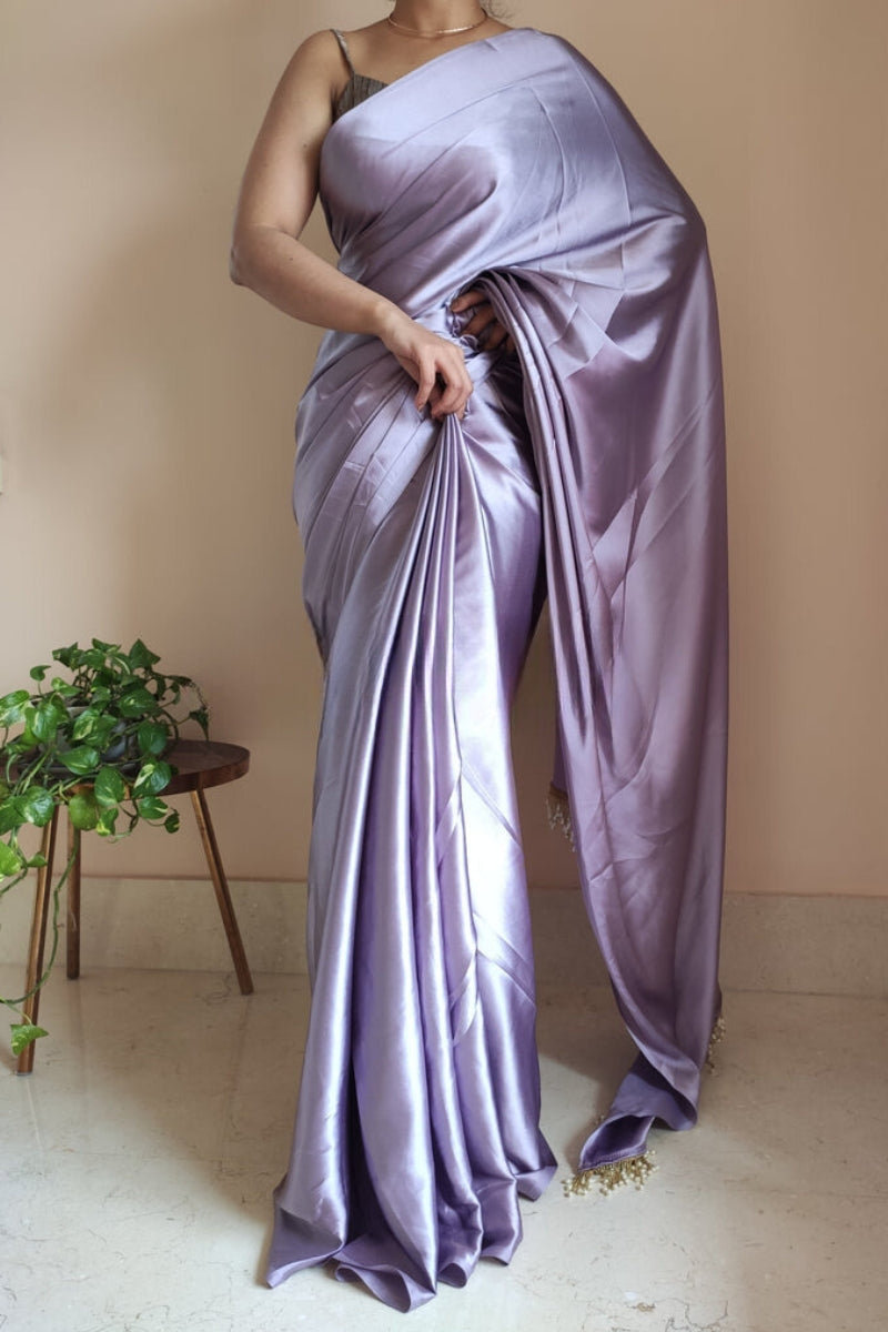 Pleasurable 1-Minute Ready To Wear Dull Lavender Satin Silk Saree