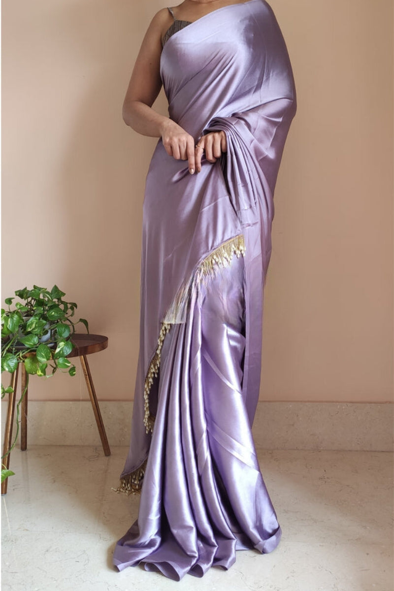 Pleasurable 1-Minute Ready To Wear Dull Lavender Satin Silk Saree