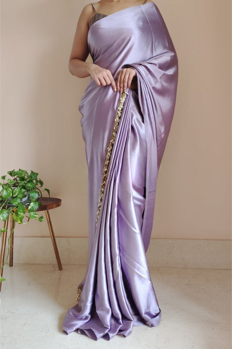 Pleasurable 1-Minute Ready To Wear Dull Lavender Satin Silk Saree