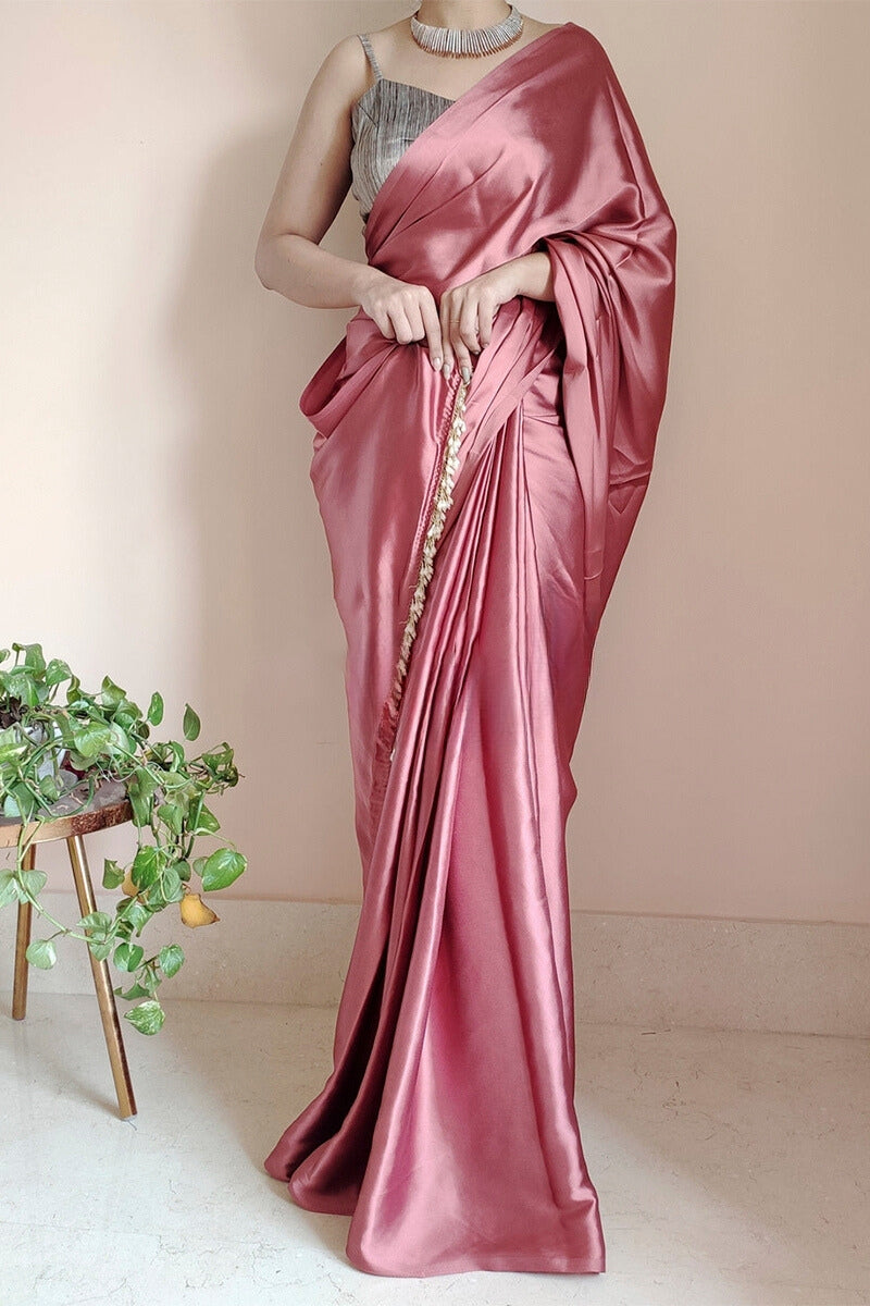 Ethnic 1-Minute Ready To Wear Dusty Rose Satin Silk Saree