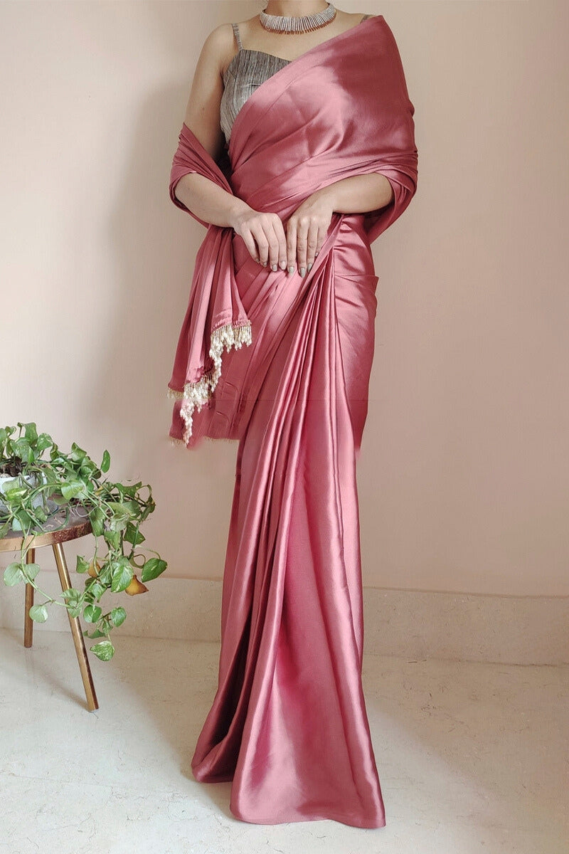 Ethnic 1-Minute Ready To Wear Dusty Rose Satin Silk Saree