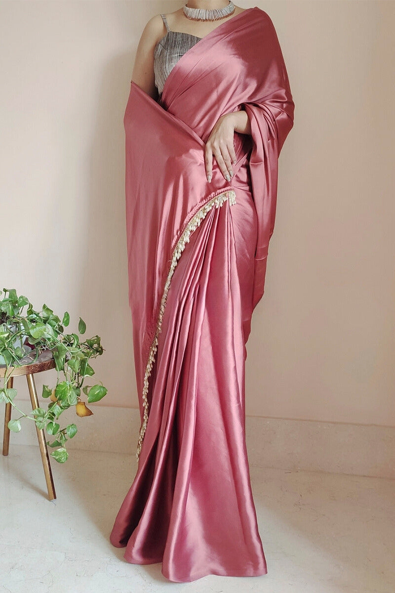 Ethnic 1-Minute Ready To Wear Dusty Rose Satin Silk Saree