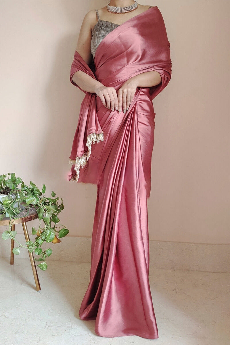 Ethnic 1-Minute Ready To Wear Dusty Rose Satin Silk Saree